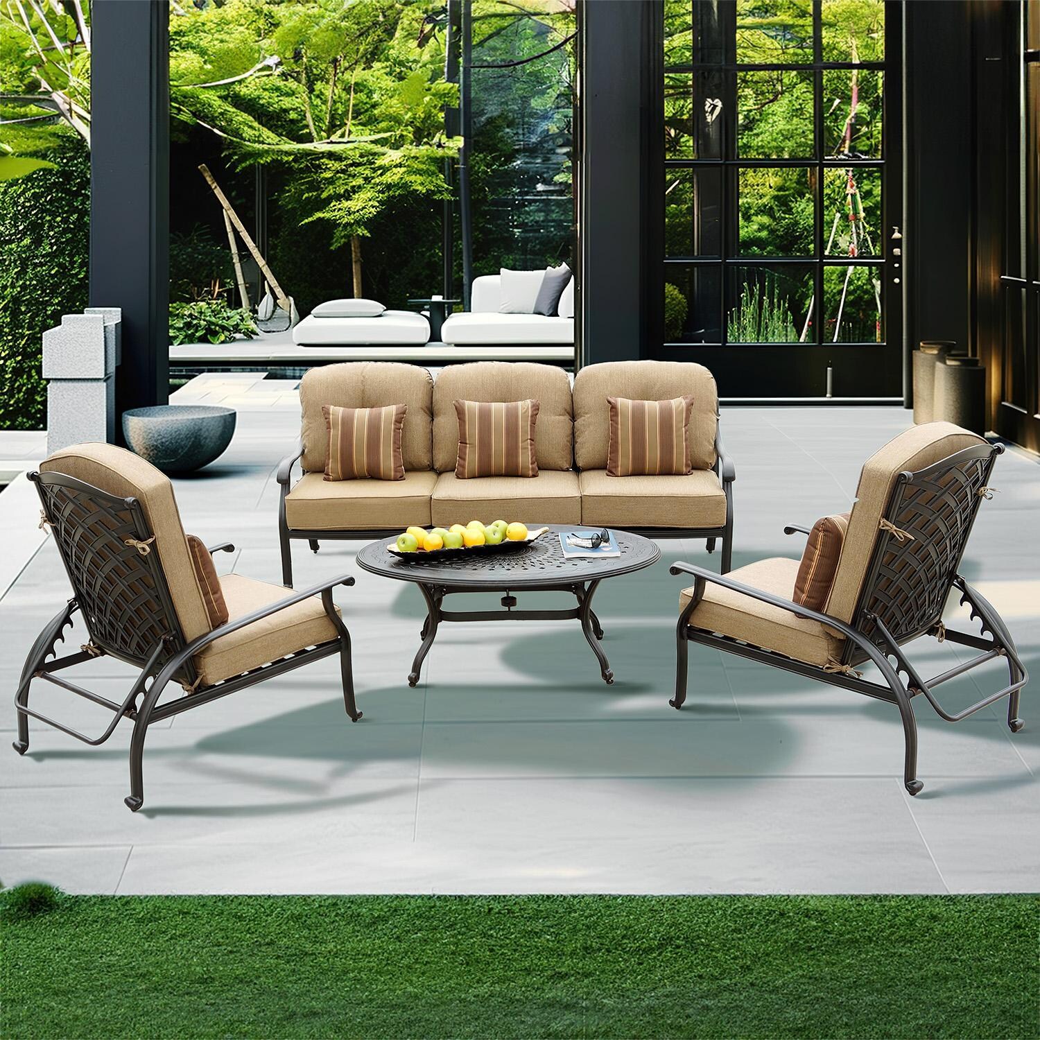 Nassau 4 Pc Cast Aluminum Seating Set w/ 46 X 31 Inch Oval Table w/ Reclining Chairs & Throw Pillows in Antique Bronze/Sesame by Darlee