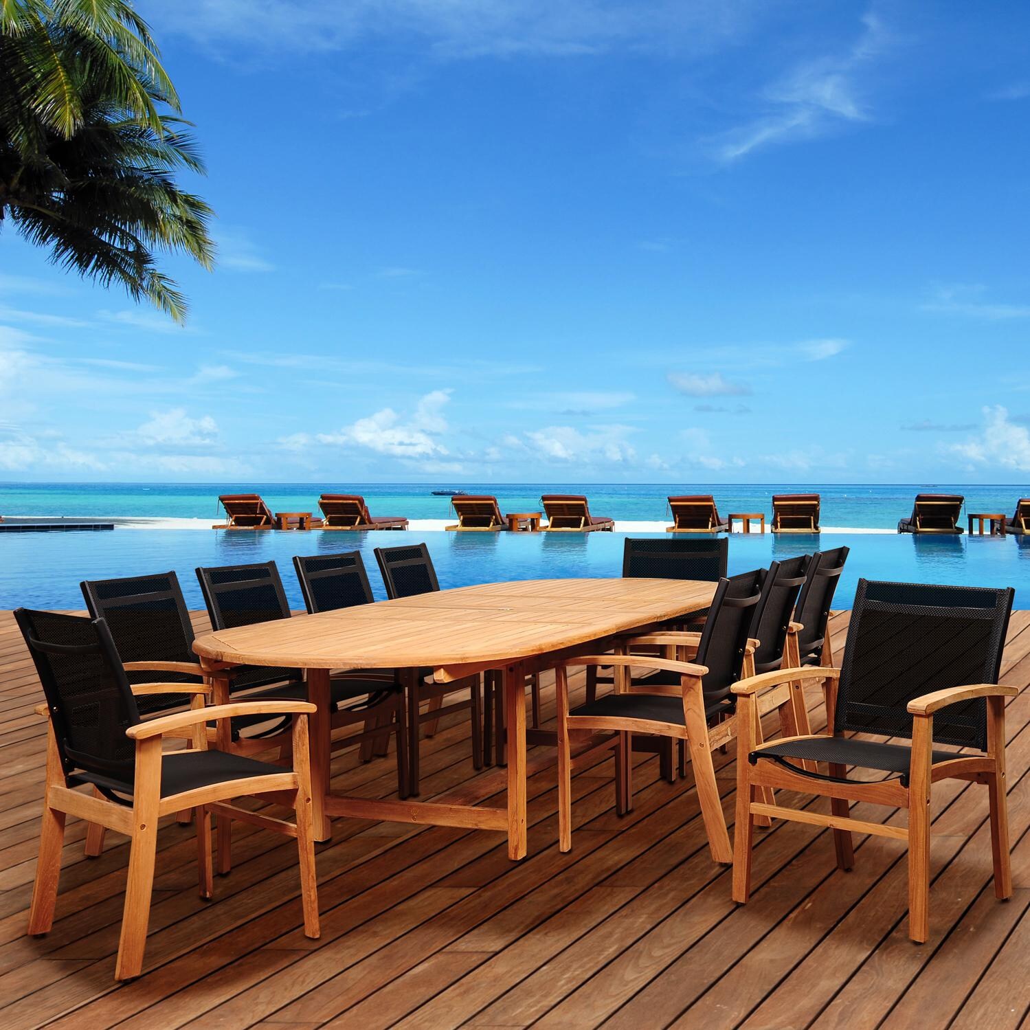 Edenton 11 Piece Sling Patio Dining Set With 87 X 47 Inch Oval Teak Extension Table By Amazonia