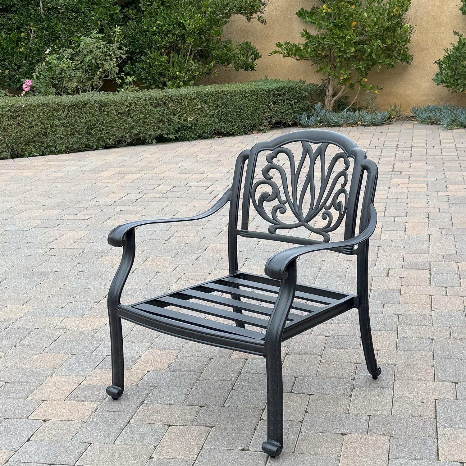 Darlee Elisabeth 6 Pc Cast Aluminum Fire Pit Sofa Seating Set w/ 47 Inch Table & Throw Pillows in Antique Bronze/Beige - Chair w/ no Cushion - Lifestyle thumbnail