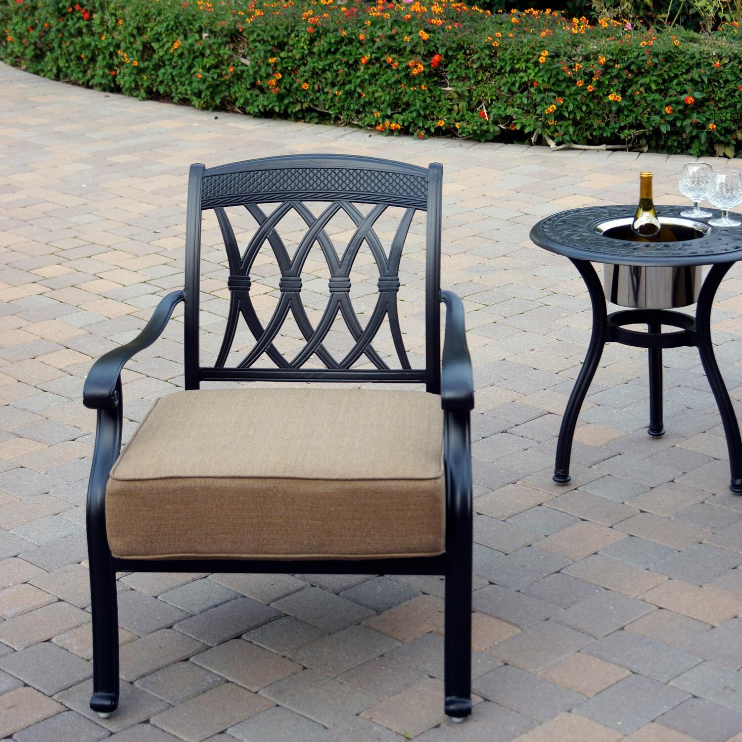 Darlee Capri 5 Piece Cast Aluminum Patio Conversation Set W/ 24-Inch Round Ice Bucket End Table & Sesame Cushions - Chair Detail thumbnail