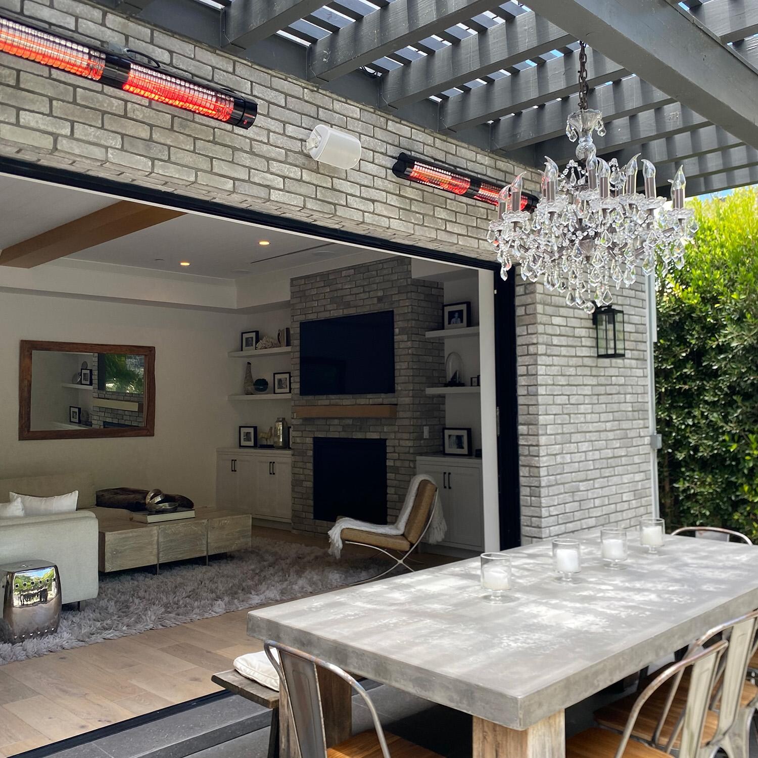 RADtec T6000/18R2 Torrid Series 77-in 6000W Electric Infrared Patio Heater - Dining Area, Turned On - Lifestyle thumbnail