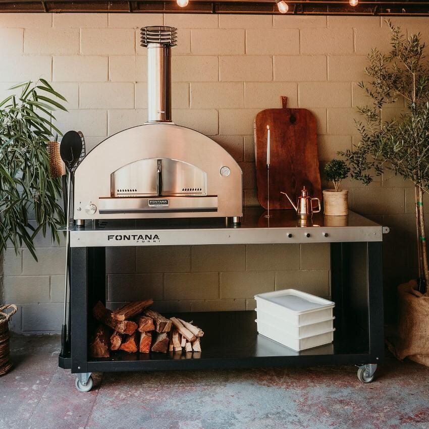 Fontana Forni FTFIR-H-R + FTCART-L Firenze Hybrid Pizza Oven on Cart - Red - On Pizza Desk (Optional) - Lifestyle thumbnail