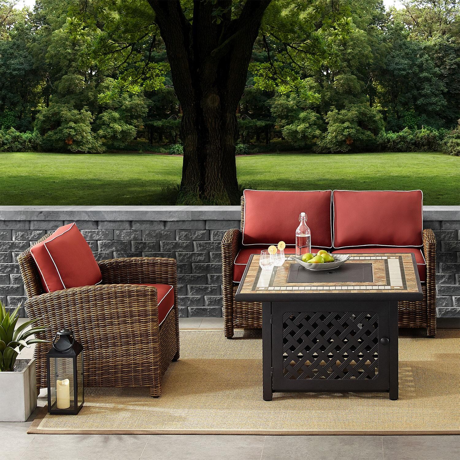 Ultimate Patio UP-92394-SG 3Pc Wicker Outdoor Loveseat Set W/ Fire Table in Sangria - On Patio W/ Fire Pit Off - Lifestyle thumbnail