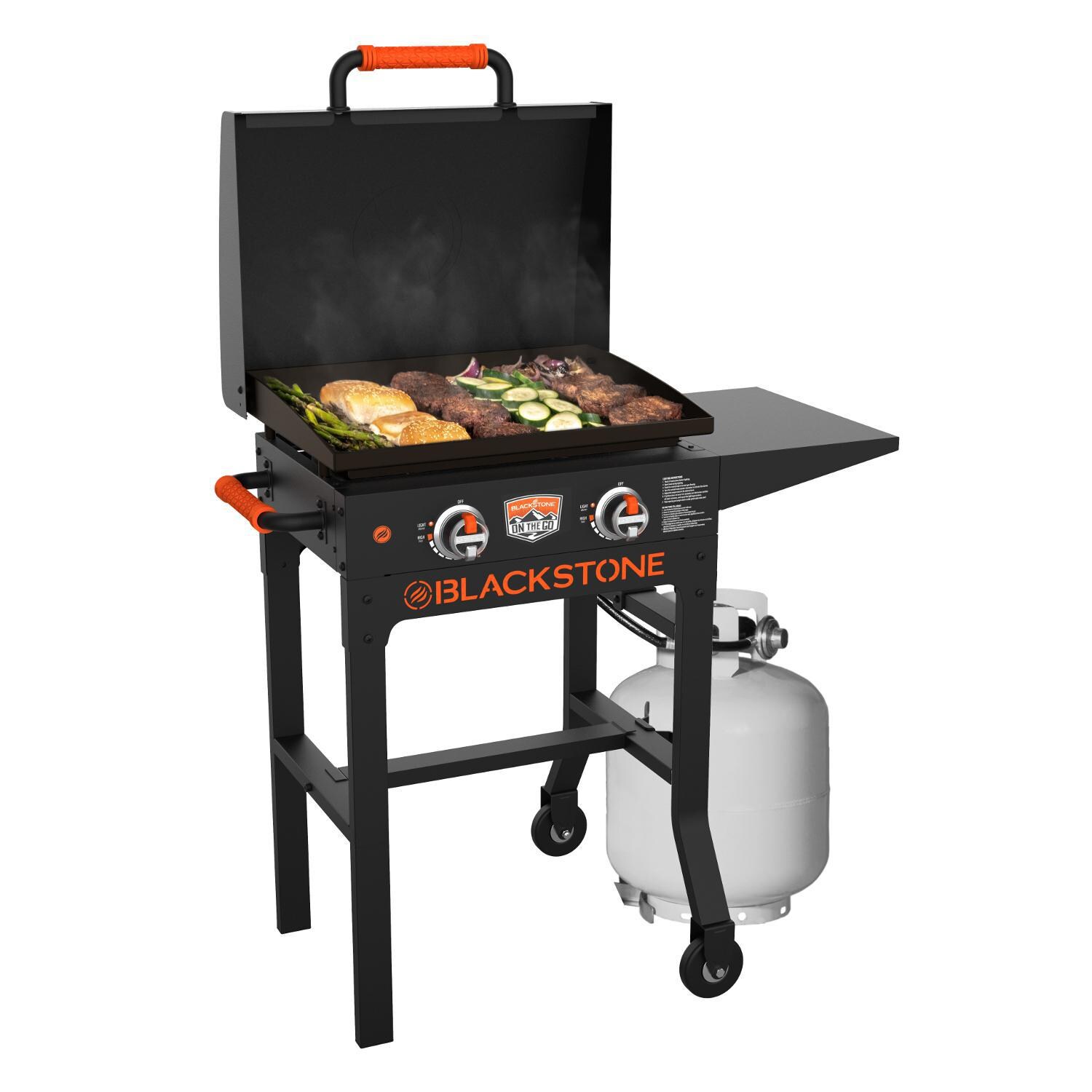 Blackstone 1967 On-The-Go 22-Inch Cart Griddle W/ Hood - With Food thumbnail