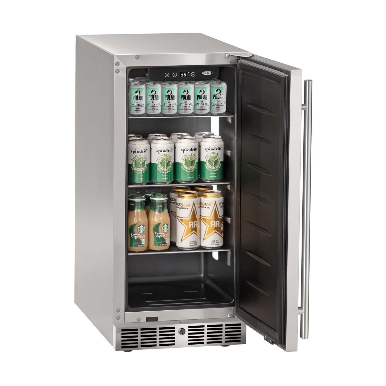 Marvel MRRE215-SS31A 15-in 3 Cu. Ft. Refrigerator - Door Open w/ Drinks - White Background thumbnail