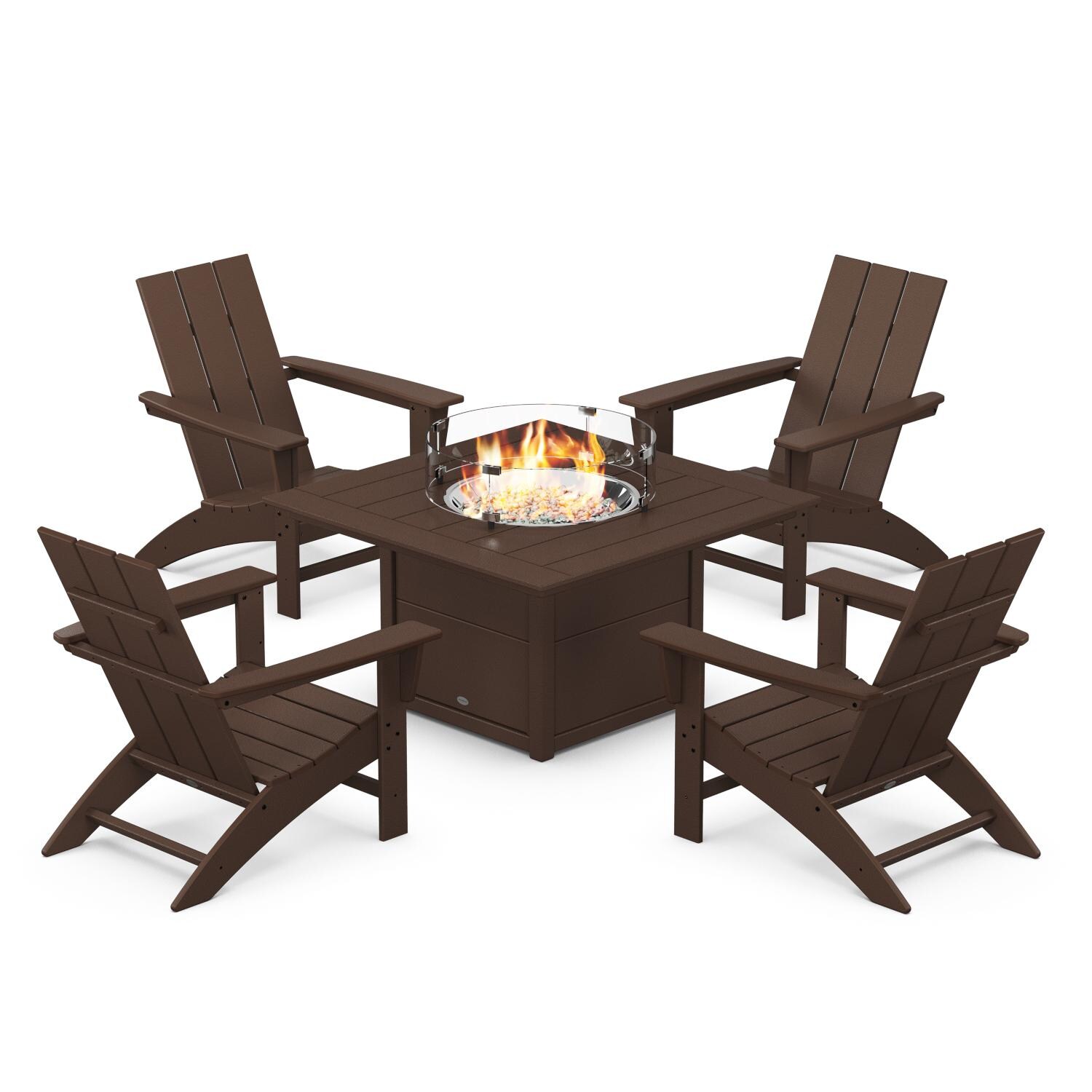 POLYWOOD Modern Mahogany 5-Piece Adirondack Chair Conversation Set w/ Fire Pit Table thumbnail