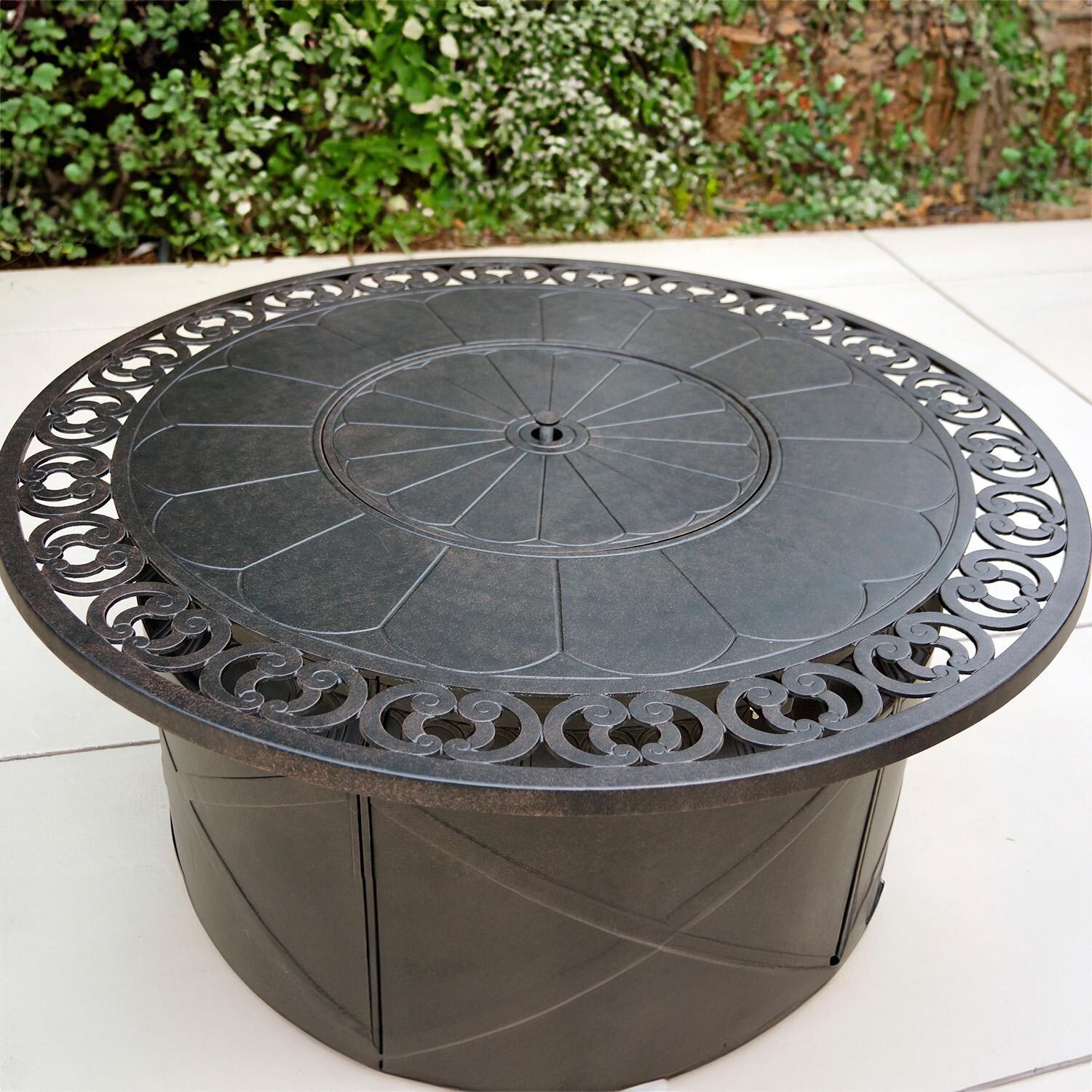 Darlee Santa Monica 4-Piece Patio Propane Fire Pit Sofa Conversation Set (with 2 Swivel Rocker Club Chairs) with Cushions and 47 Inch Round Fire Pit Chat Table and Fireglass - Fire Table - Lifestyle thumbnail