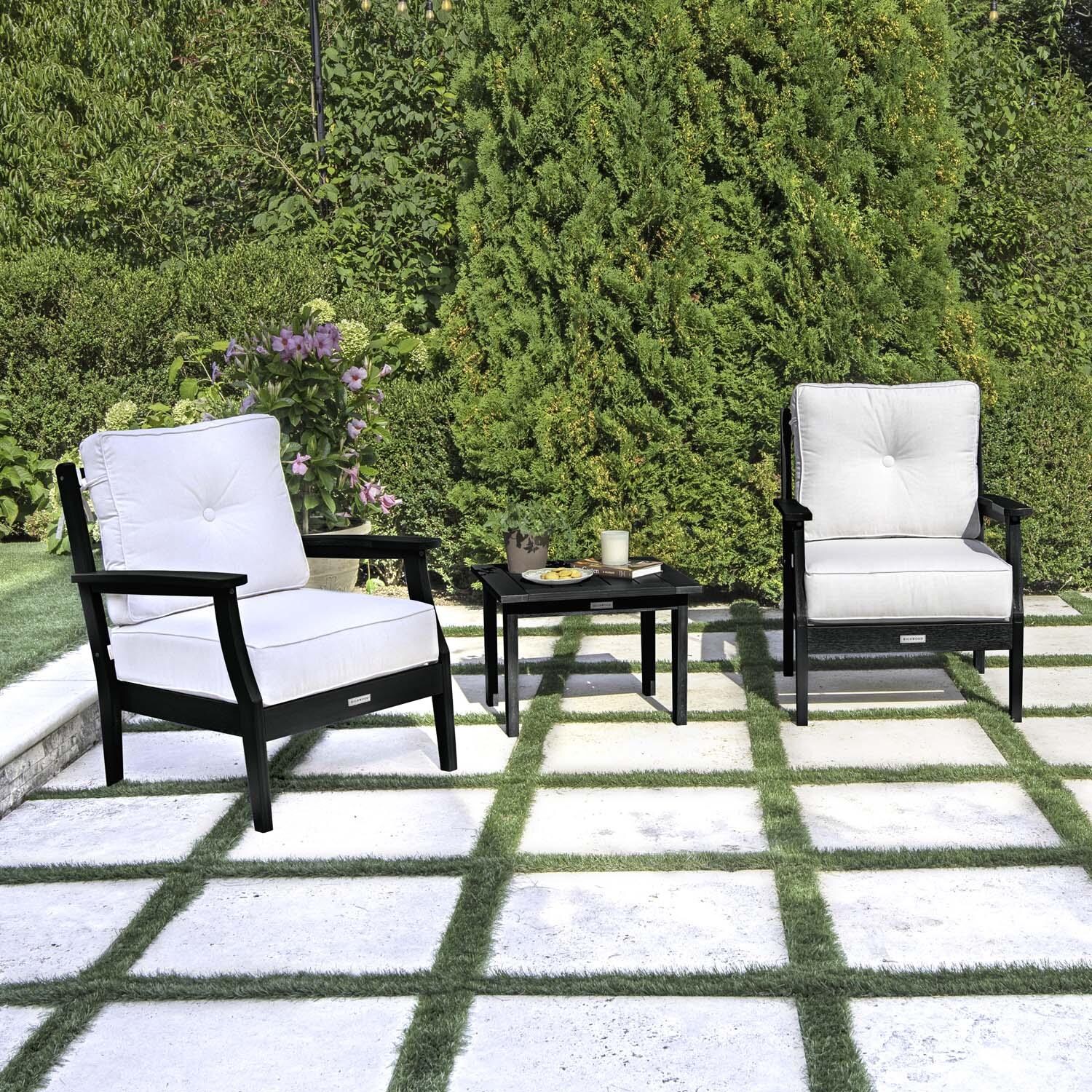 Blushing Bay 3 Pc Recycled Plastic Seating Set in Bliss Linen/Black by Lakeview Outdoor Designs - Angled Left - Lifestyle thumbnail