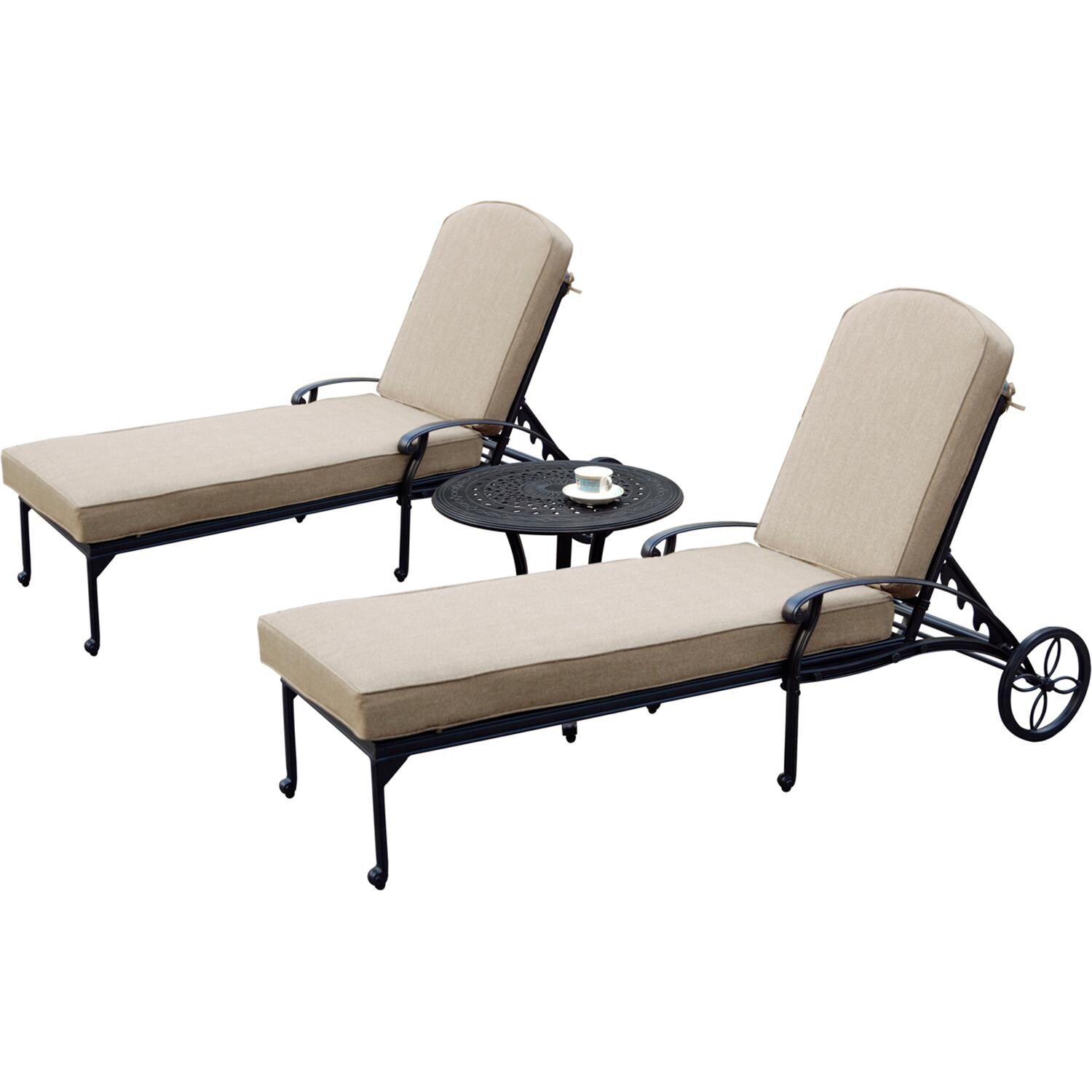 Elisabeth 3 Pc Cast Aluminum Chaise Lounge Set w/ 24 Inch Table & in Antique Bronze/Beige by Darlee