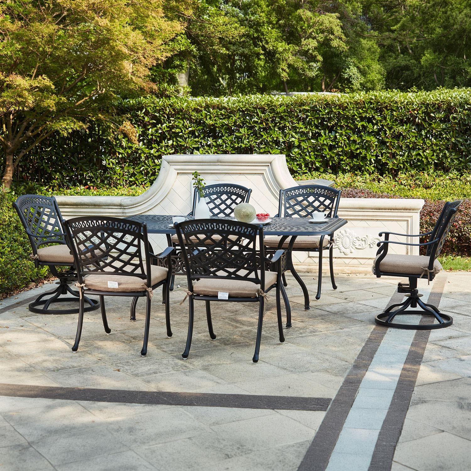 Darlee Sedona 7 Pc Cast Aluminum Dining Set w/ 72 X 42 Inch Series 60 Table & 2 Swivel Rockers in Antique Bronze/Beige Canvas by - B/201030-7PC-60E