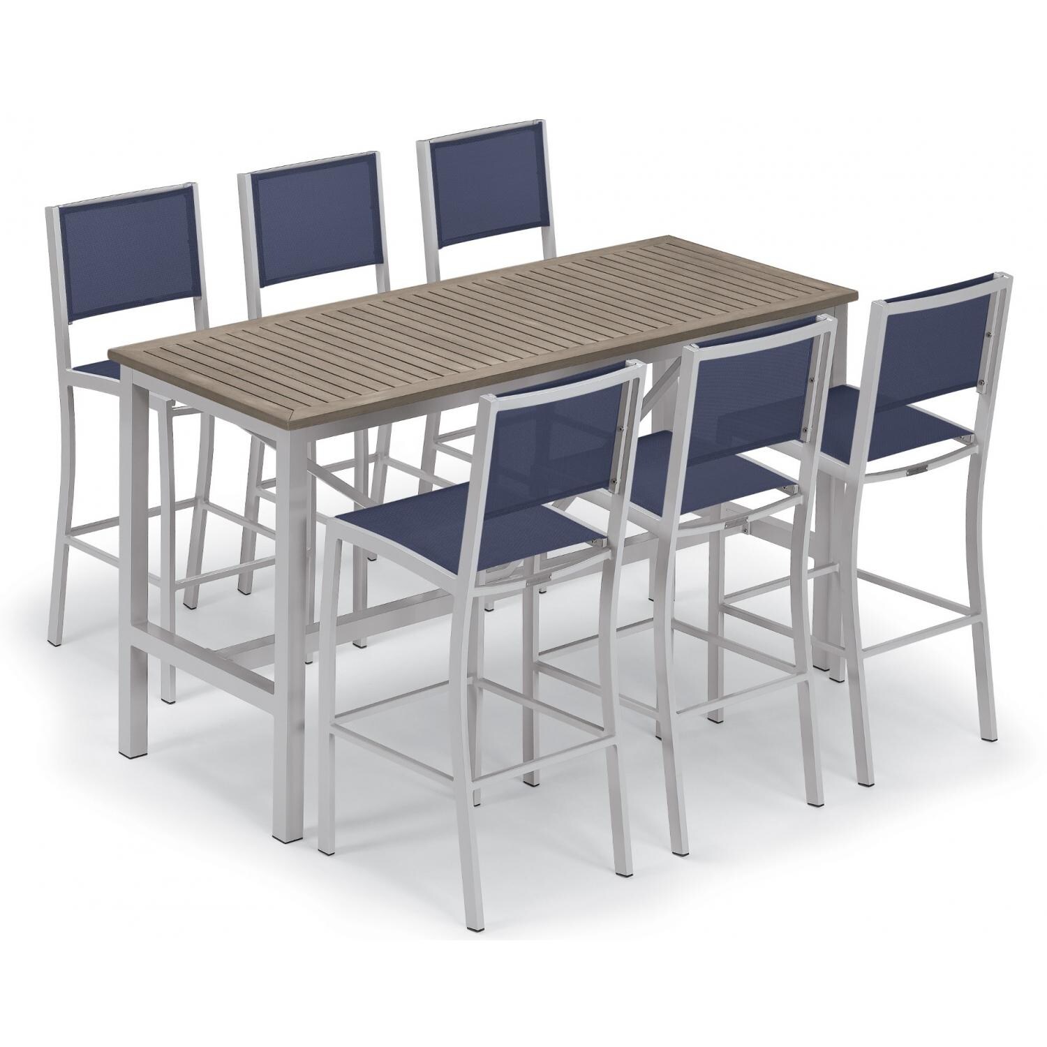 Travira 7 Piece Aluminum Patio Bar Set W/ 72 X 30 Inch Rectangular Table and Tekwood Vintage Tabletop By Oxford Garden - Ink Pen Sling thumbnail