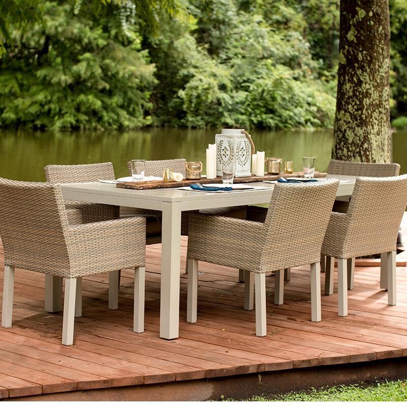 Lafitte 7 Piece Wicker Patio Dining Set W/ 87 X 39 Inch Rectangular Table & Sunbrella Canvas Taupe Cushions By Lakeview Outdoor Designs