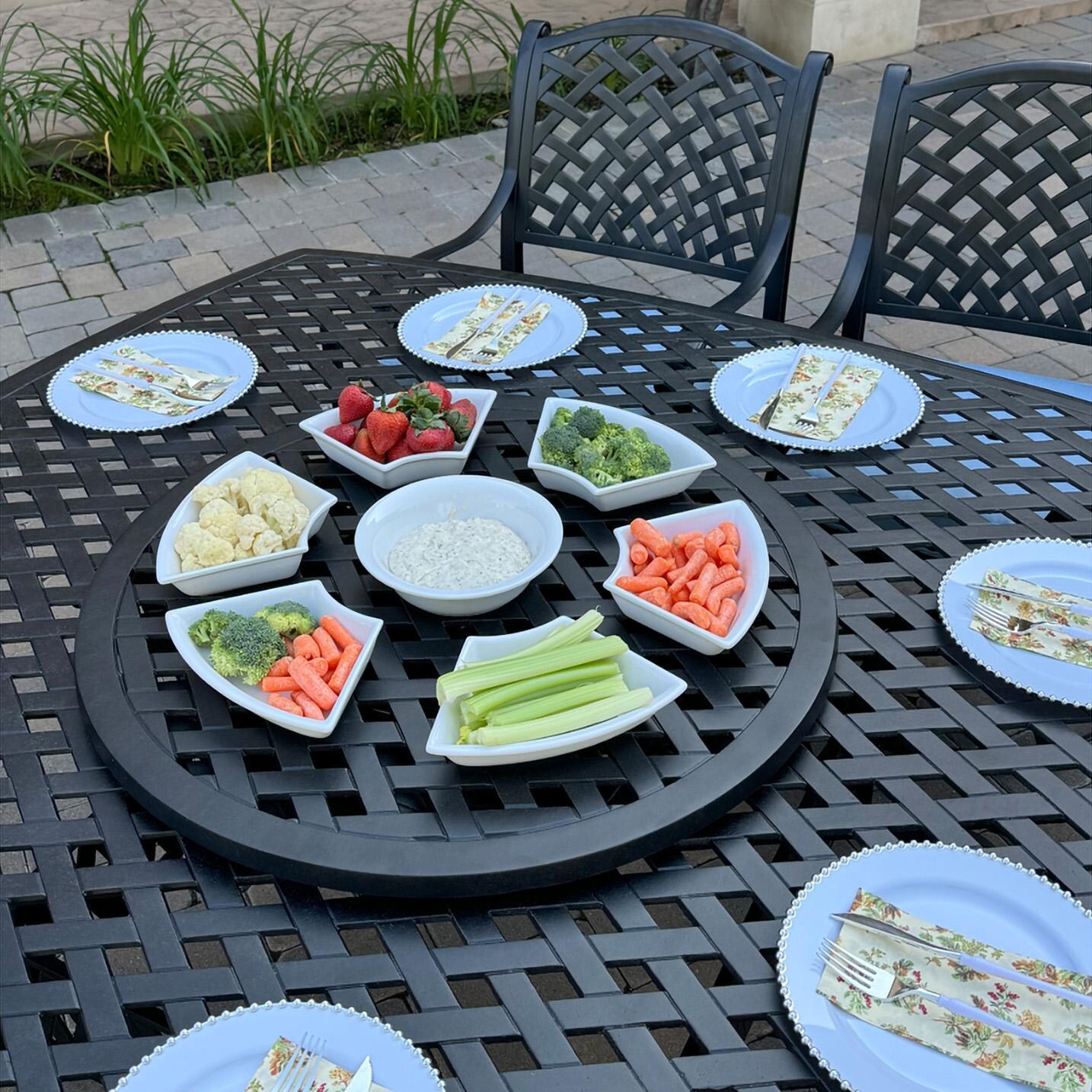 Darlee B/DL13-10PCAR-30W3930-B Nassau 10 Pc Cast Aluminum Dining Set in Antique Bronze w/ Blue Cushions - Lazy Susan w/ Veggies - Lifestyle thumbnail