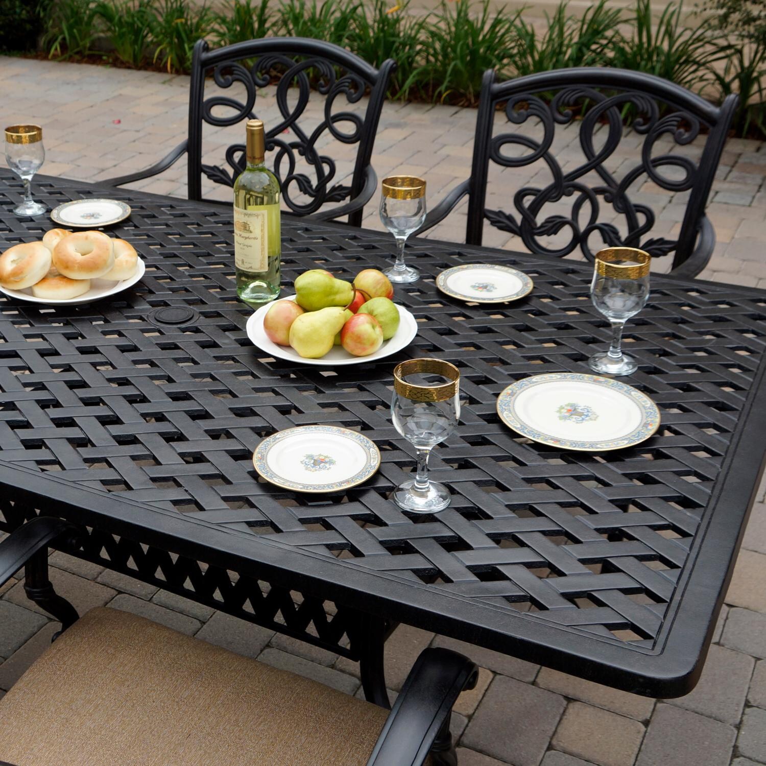 Darlee DL2052-7PC-30RED Santa Monica 7 Piece Cast Aluminum Patio Dining Arm Chair Set W/ 72 X 42 Inch Rectangular Table & Sesame Cushions - Table Detail thumbnail