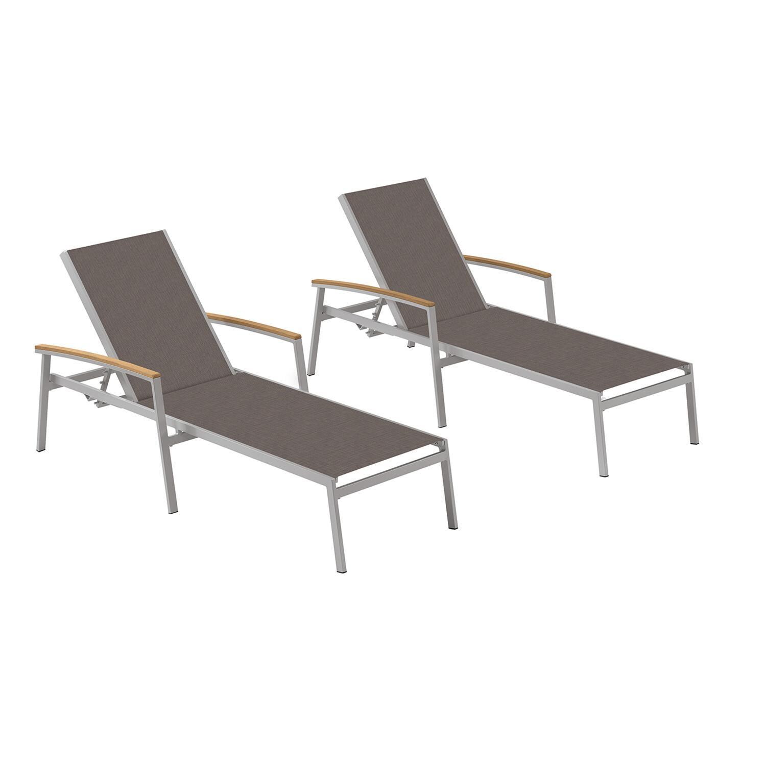 Travira 2 Pc Aluminum Chaise Lounge Set w/ Natural Tekwood Arm Caps in Flint/Cocoa by Oxford Garden