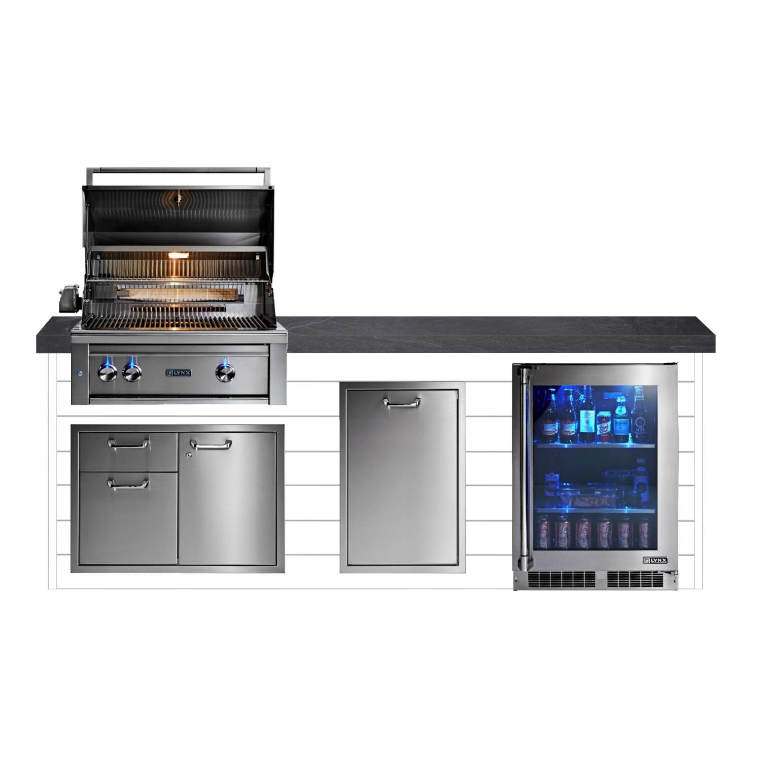 BBQGuys Signature 8ft Luxury Outdoor Kitchen w/ Lynx Professional 30-Inch Propane Grill & Refrigerator - Canvas White Steel w/ Black Polished Granite - White Background thumbnail