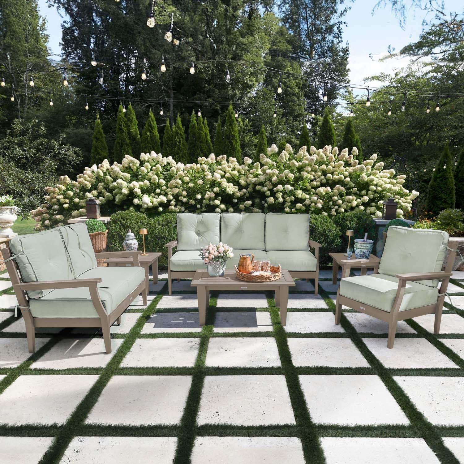 Blushing Bay 6 Pc Recycled Plastic Grand Seating Set in Canvas Seasalt/Woodland Brown by Lakeview Outdoor Designs - Lifestyle thumbnail