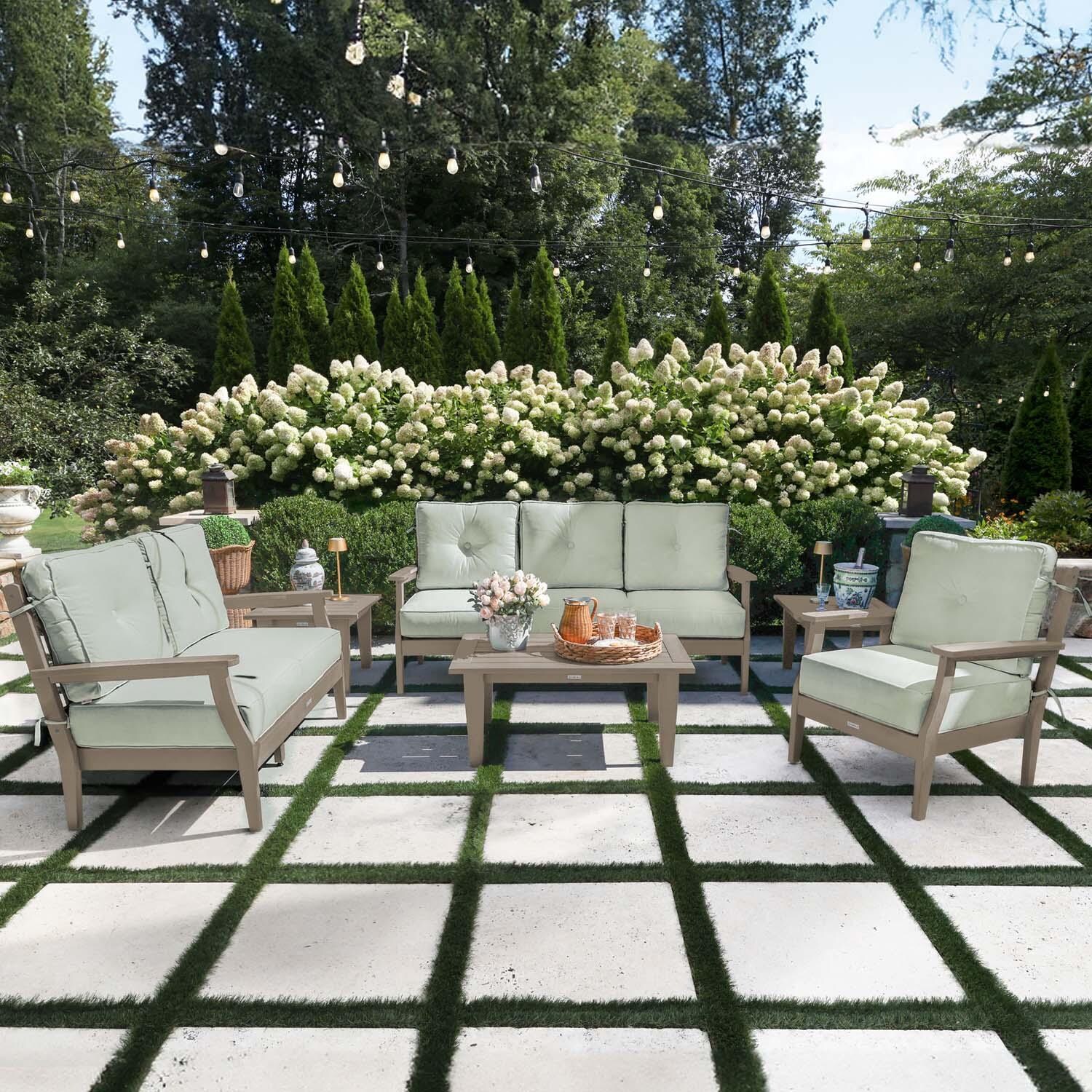 Blushing Bay 6 Pc Recycled Plastic Grand Seating Set in Canvas Seasalt/Woodland Brown by Lakeview Outdoor Designs