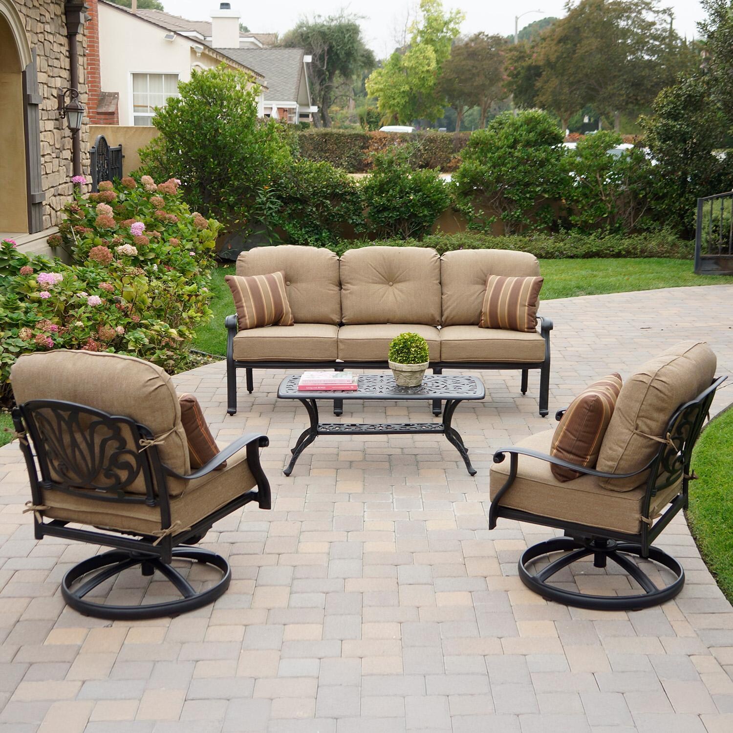 Elisabeth 4 Pc Cast Aluminum Seating Set w/ 42 X 21 Inch Series 80 Table & Swivel Rockers & Throw Pillows in Antique Bronze/Sesame by Darlee