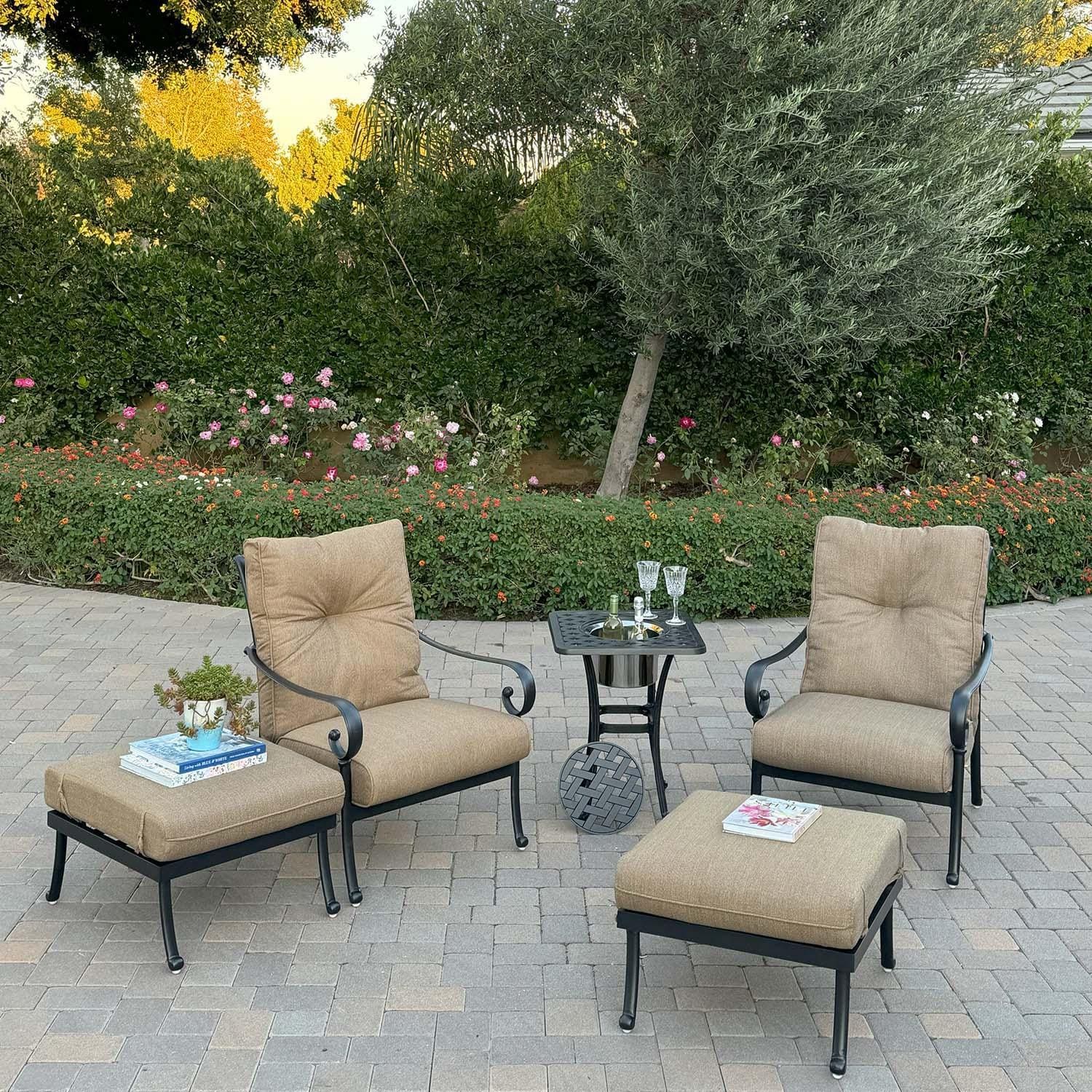 Santa Anita 5 Pc Cast Aluminum Fire Pit Bistro Set w/ 52-in Series 30 Ice Bucket End Table & & Ottomans in Antique Bronze/Heather Beige Sunbrella by Darlee