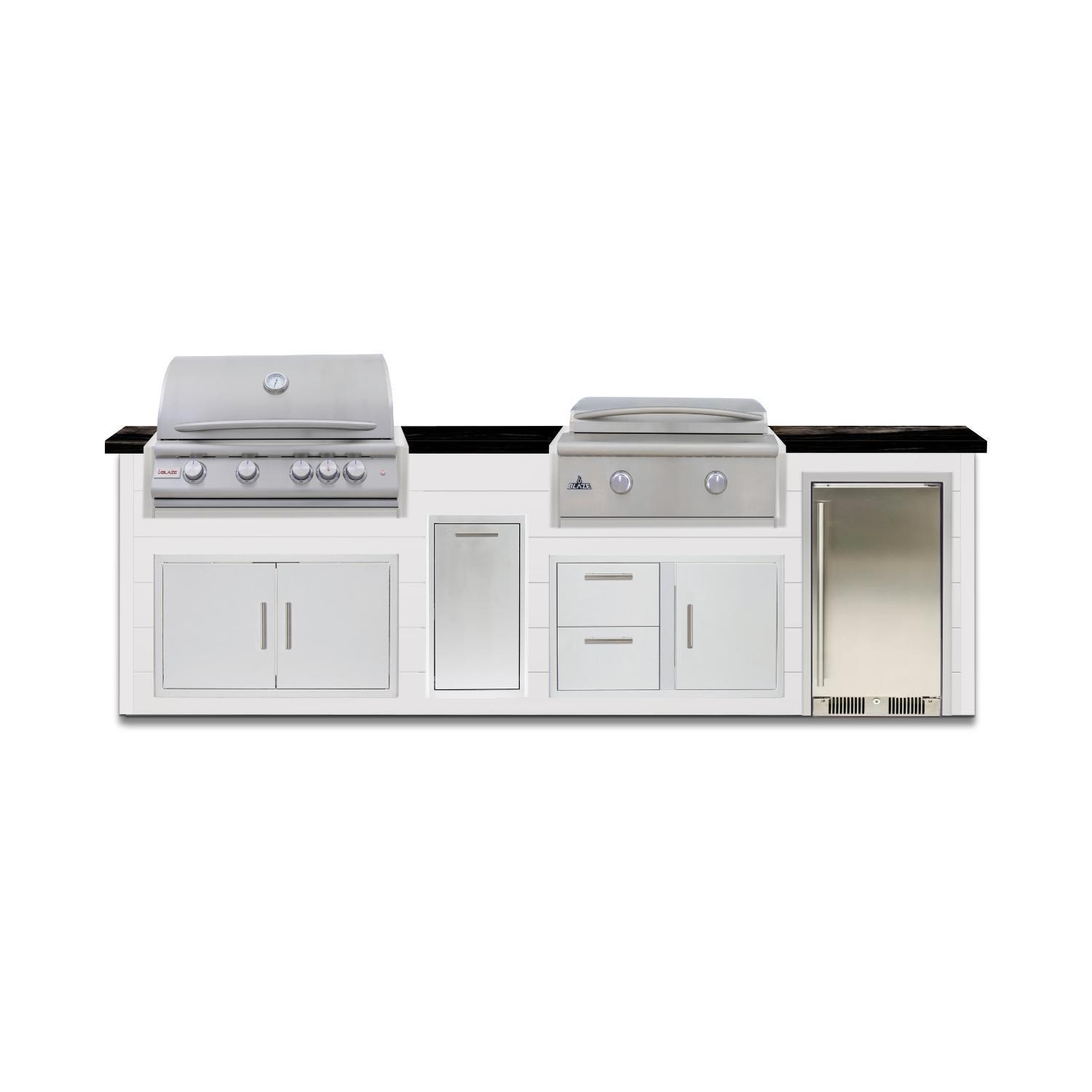BBQGuys Signature 10 Ft Grill Island w/ 32-in Natural Gas Blaze LTE+ Grill & Griddle, Narrow Trash Bin & Door & Drawer | Crystal White w/ Nero Mist Granite - Front - White Background thumbnail