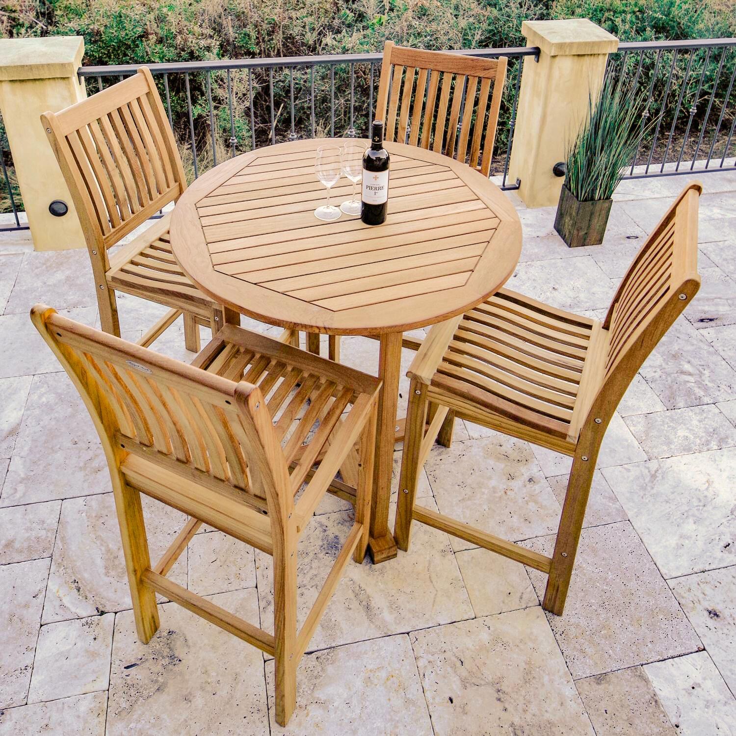 Compass Teak 5 Piece Patio Bar Set W/ 39 Inch Round Table By Royal Teak Collection