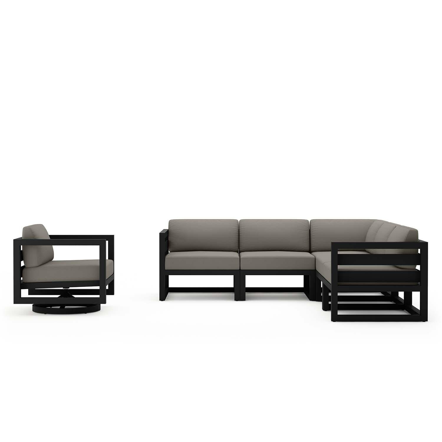 Misty Cove 6 Pc Aluminum Sectional Seating Set w/ Swivel Chairs in Black/Canvas Charcoal by Lakeview Outdoor Designs - Front View - White Background thumbnail