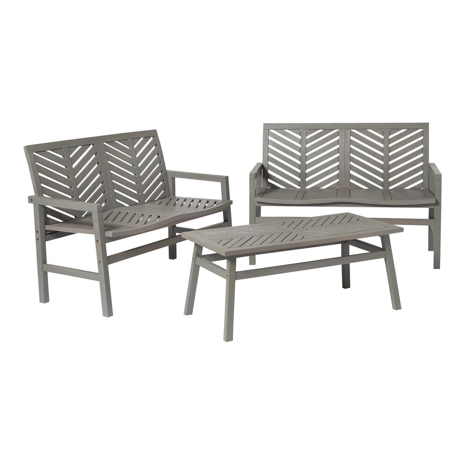 Ultimate Patio Wishlake 3 Piece Acacia Patio Conversation Set W/ 42 X 20 Inch Rectangular Table - Gray Wash - Angled View thumbnail
