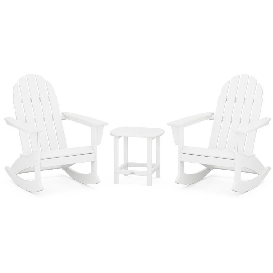 Vineyard 3 Pc Recycled Plastic Adirondack Rocking Chair Set w/ South Beach End Table in White by POLYWOOD