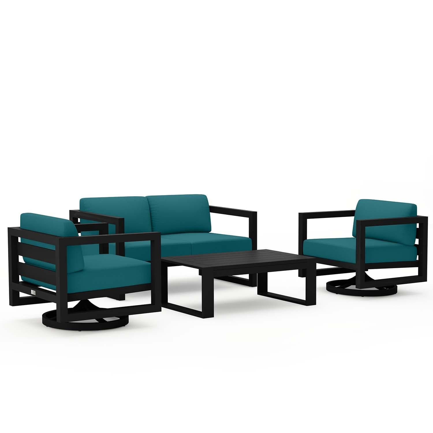 Misty Cove 4 Pc Aluminum Loveseat Seating Set w/ Swivel Chairs in Black/Spectrum Peacock by Lakeview Outdoor Designs - White Background thumbnail
