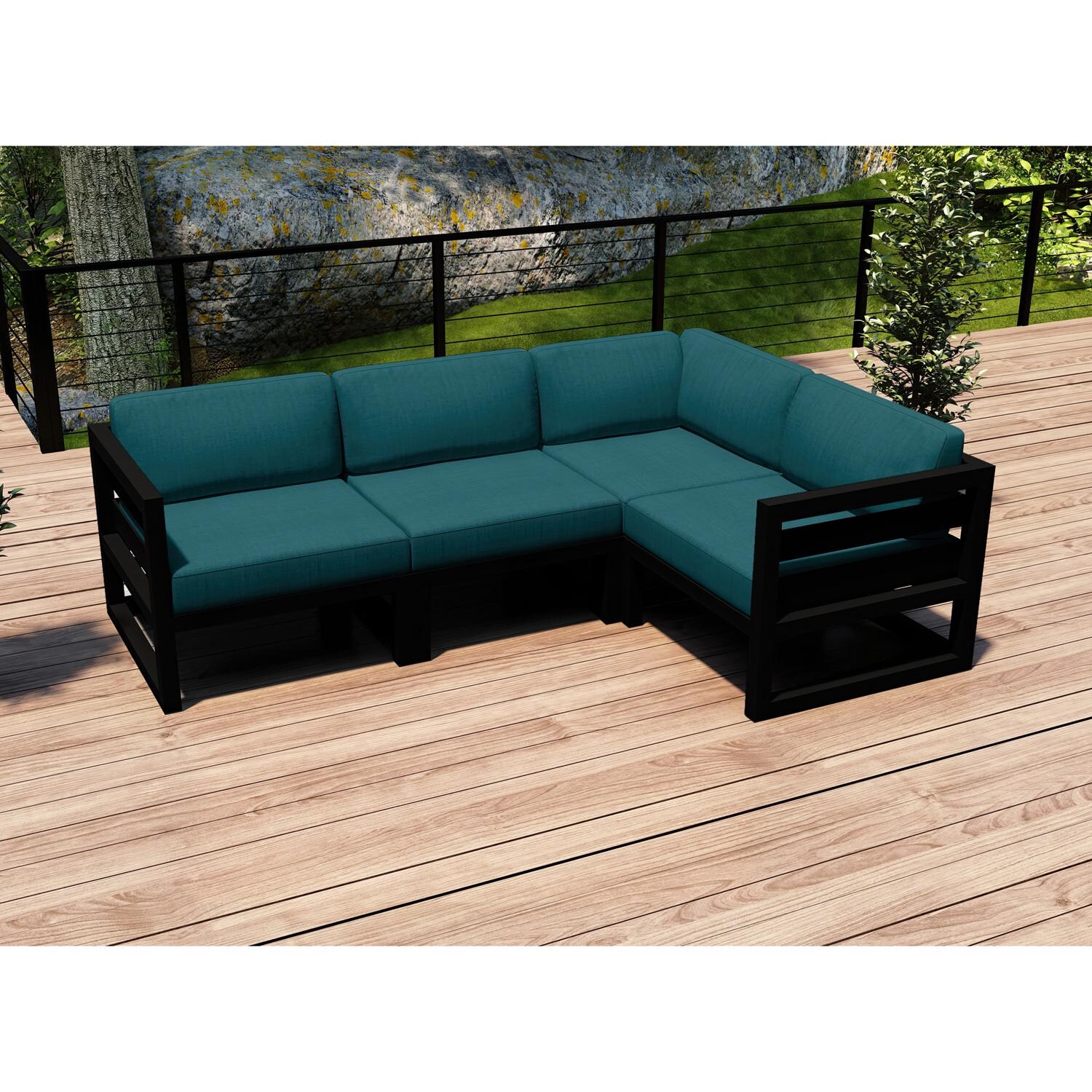 Lakeview MSTYCV-BK-4SEC-PC Misty Cove 4 Pc Aluminum Sectional Set in Black w/Spectrum Peacock Cushions by Lakeview Outdoor Designs - Set on Deck - Lifestyle thumbnail