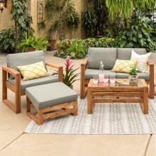 Hudson 4 Piece Acacia Patio Conversation Set W/ Gray Cushions By Walker Edison