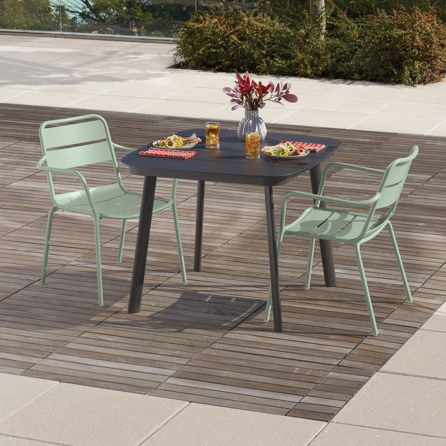 Kapri 3 Pc Aluminum Dining Set W/ Arm Chairs in Carbon/Sage By Oxford Garden