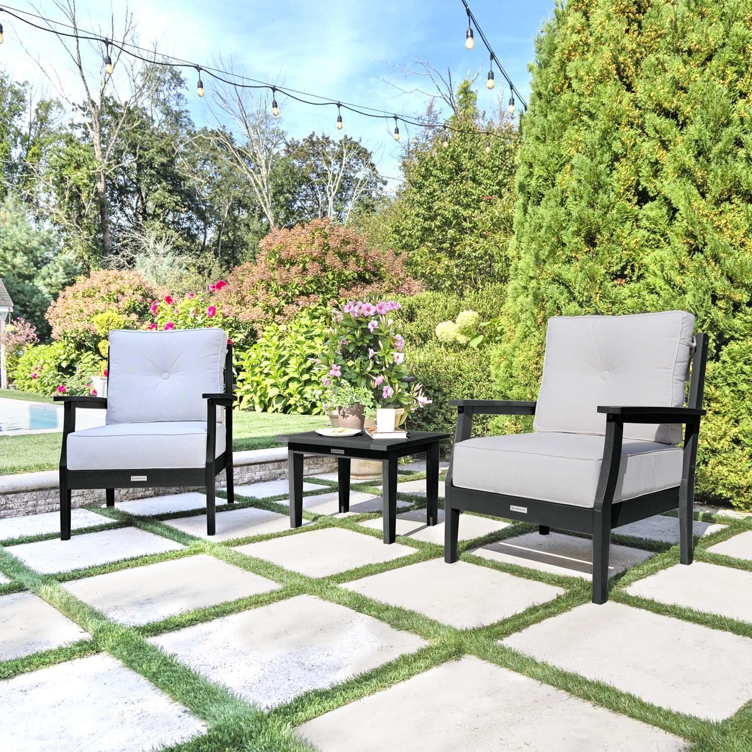 Blushing Bay 3 Pc Recycled Plastic Seating Set in Bliss Linen/Black by Lakeview Outdoor Designs - Angled Right - Lifestyle thumbnail