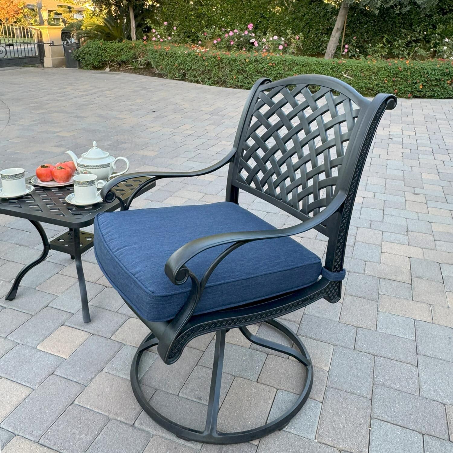 Darlee B/DL13-3PCR-30A-N Nassau 3 Pc Cast Aluminum Conversation Set w/ Rocker in Antique Bronze w/ Navy Cushions - Chair Angle - Lifestyle thumbnail