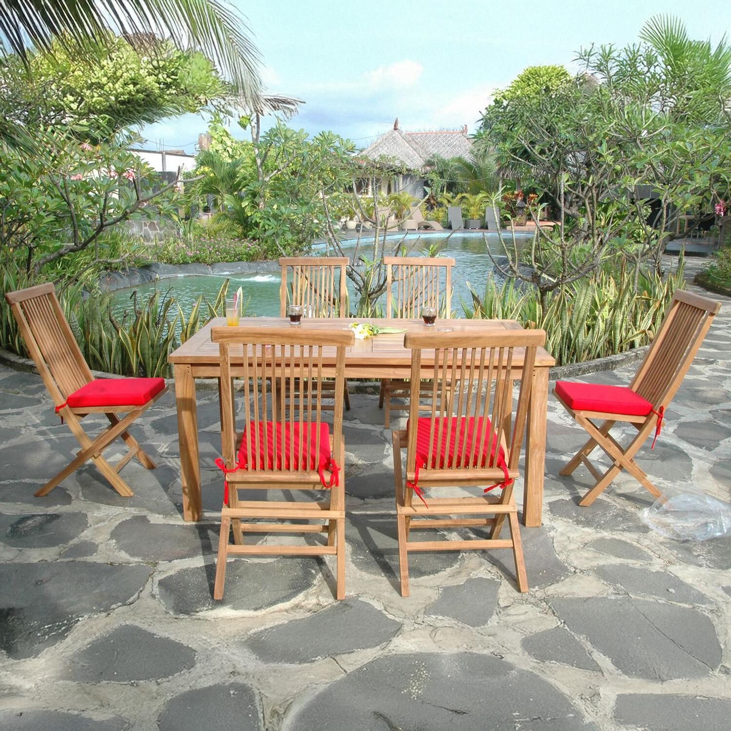 Tensas Cove 7 Pc Teak Dining Set in Jockey Red by Lakeview Outdoor Designs - Side View - Lifestyle thumbnail