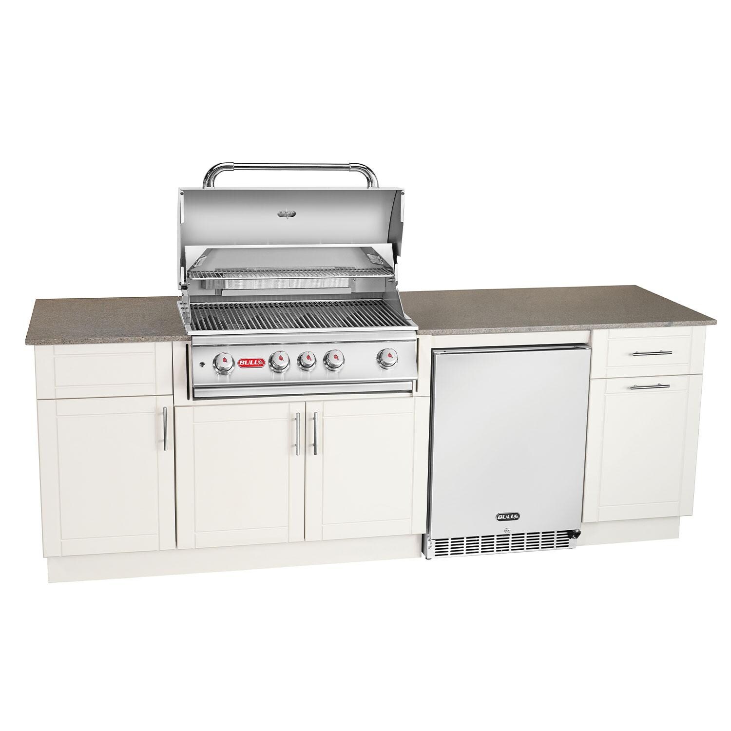 Bull Myrtle Beach DuraBull 8 Ft Outdoor Kitchen Island w/ Angus 30-in Propane Grill, Refrigerator, & Trash Bin in Dune/Coffee Brown Granite - Open - White Background thumbnail