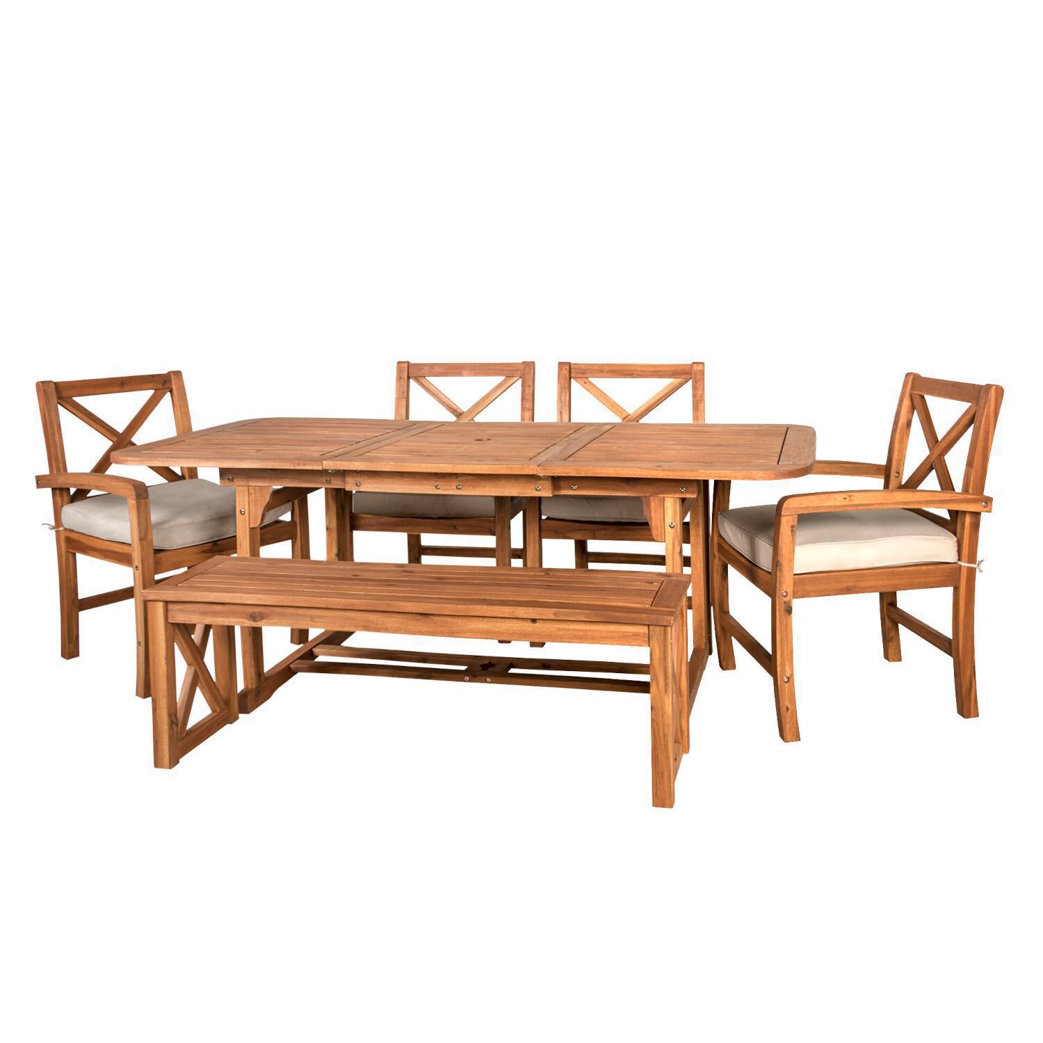 Ultimate Patio 6 Piece Acacia Patio Dining Set W/ 55-79 X 35 Inch Extension Rectangular Table - Brown - Angled Left thumbnail