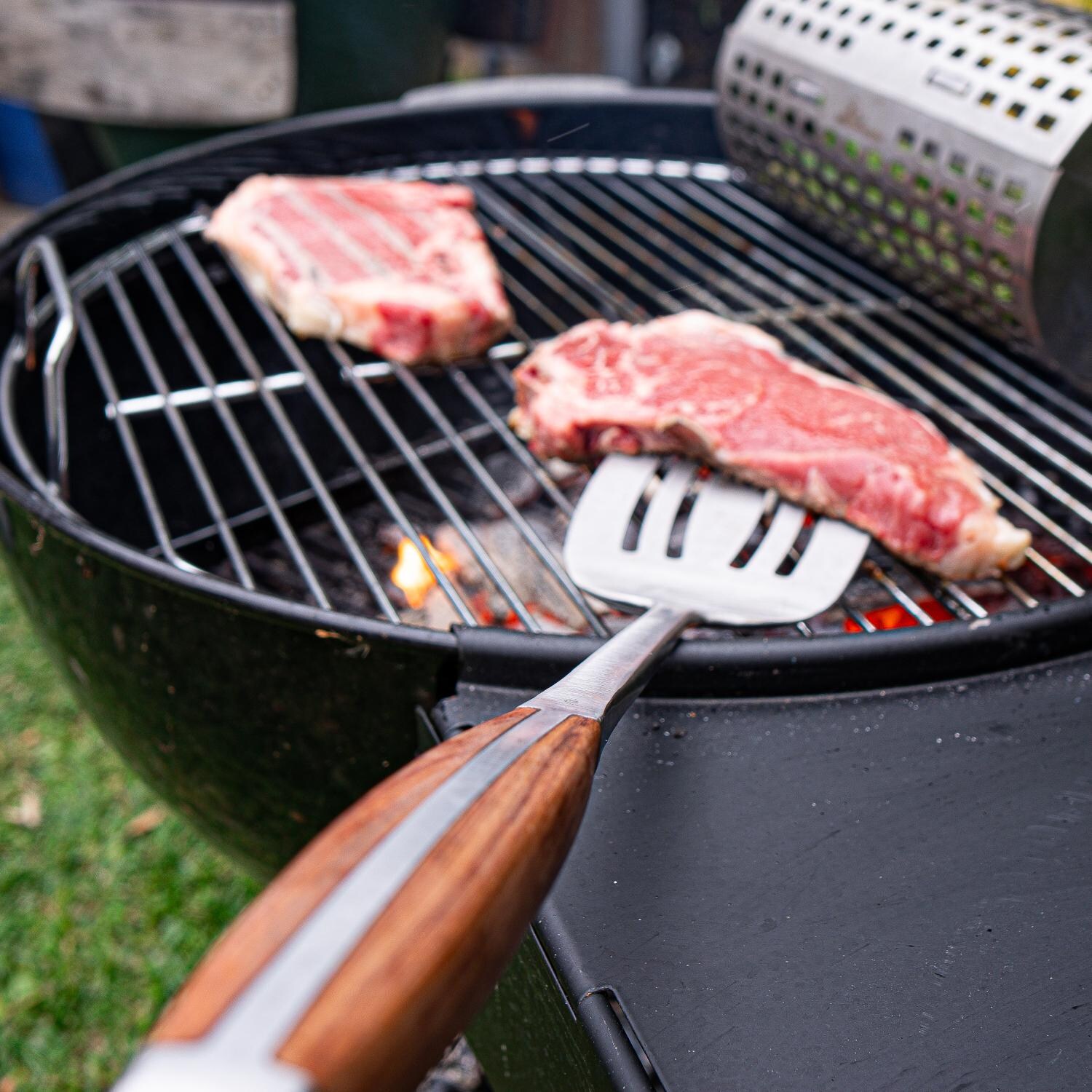 BBQ Dragon BBQD390 3-Piece Luxury Stainless Steel Rosewood Tool Set - In Action thumbnail