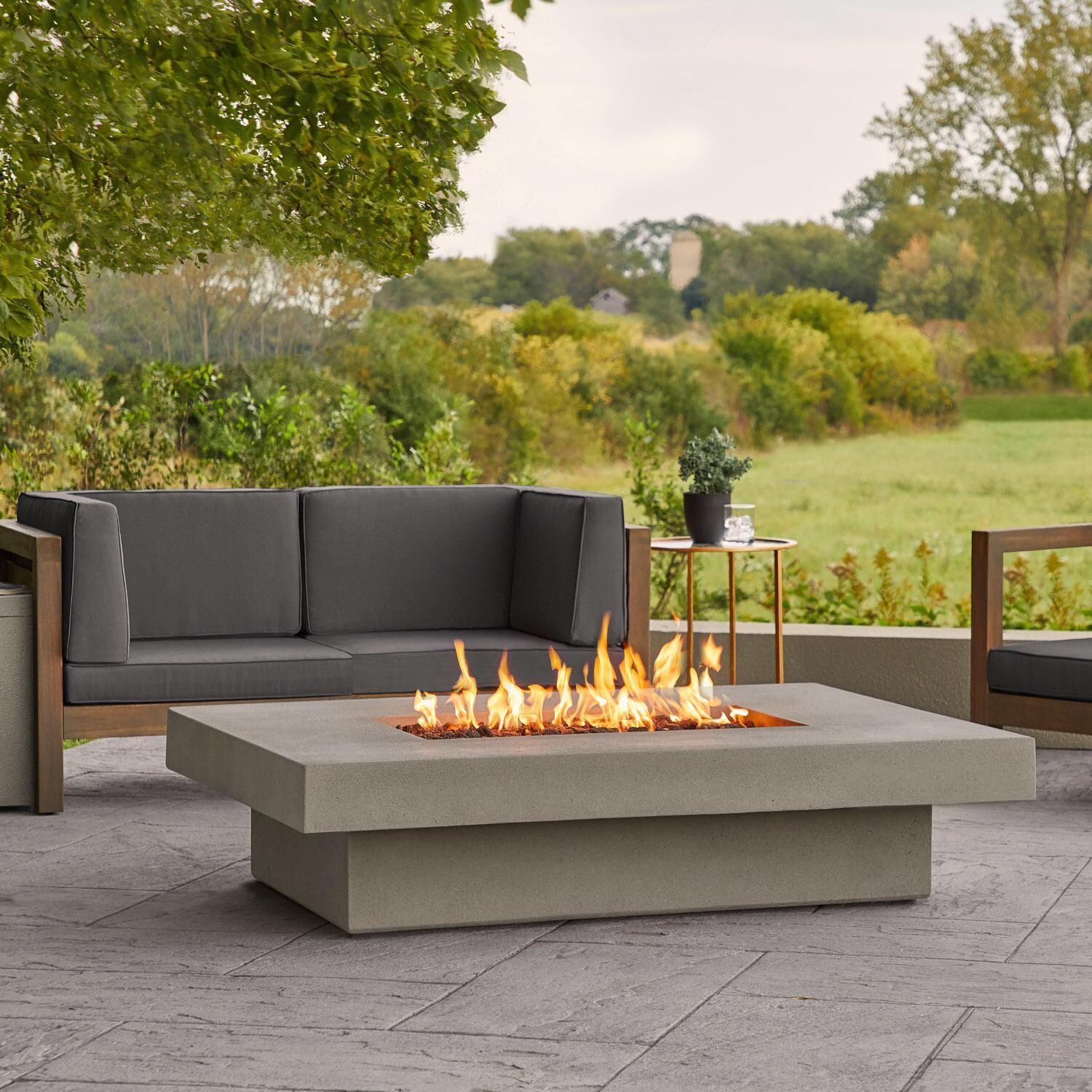 Hickory Bay 3703LP-FLNT 60 Inch Rectangular Glass Fiber Reinforced Concrete Propane Fire Pit Table in Flint by BBQGuys Signature - Display - White Background thumbnail