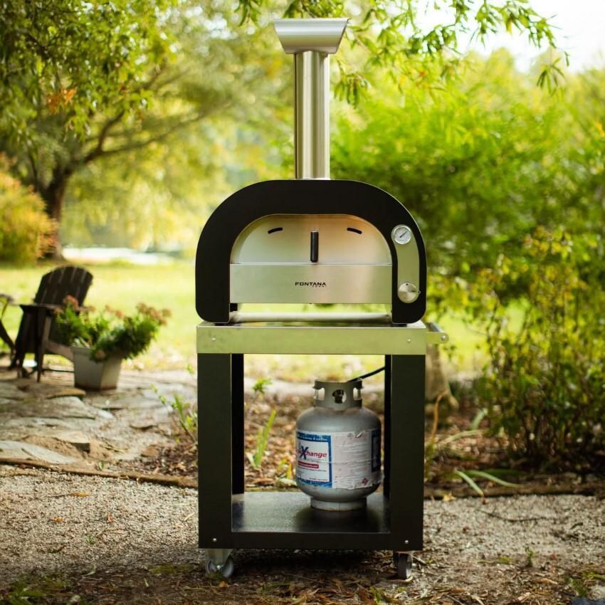 Fontana Forni FFMAES60 + FFPD-MINI Maestro 60 Gas Fired Pizza Oven on Mini Pizza Desk - On Cart w/ Propane Tank - Lifestyle thumbnail