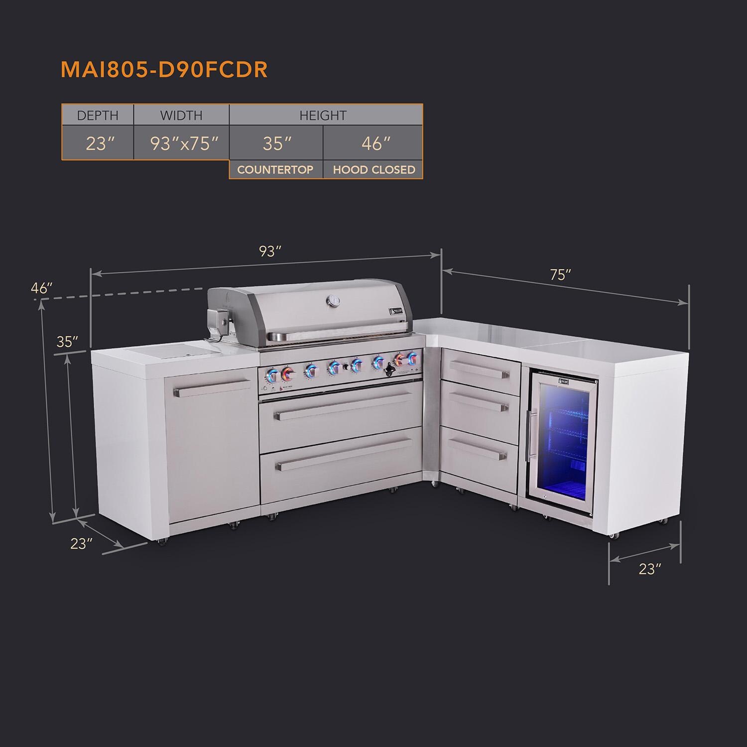 Mont Alpi Deluxe Series 7 Ft L-Shaped Natural Gas Outdoor Kitchen Island w/ 44-in Grill, Side Burner, Fridge & Triple Drawer (Ships Propane w/ Conversion Kit) - Dimensions - Dimensional thumbnail