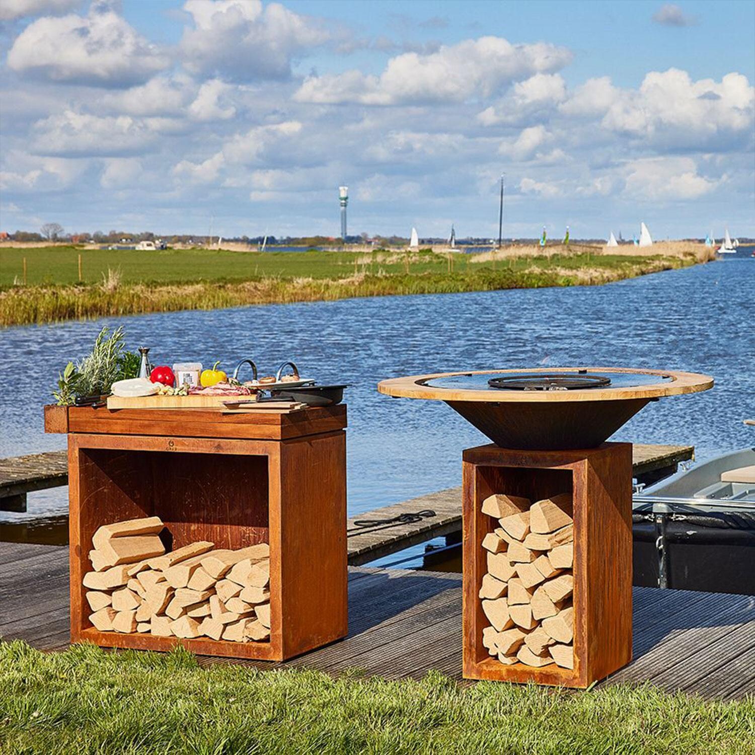 OFYR OA-FGR-85 44 Inch Fire Guard Ring 85 - Ring Attached - Styled W/ Food Prep Station - Lifestyle thumbnail