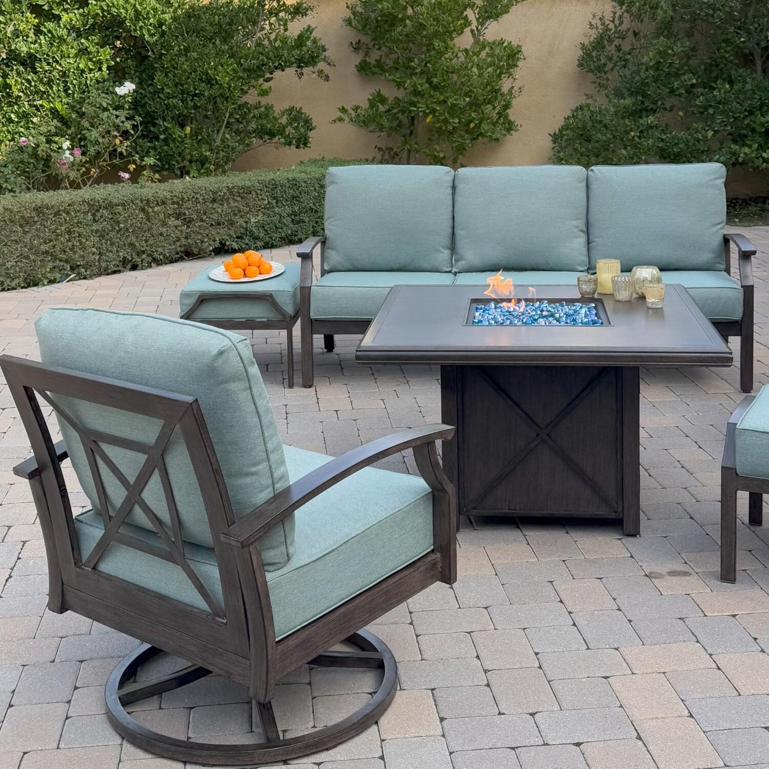 Atlantis 6 Pc Aluminum Fire Pit Seating Set w/ 2 Swivel Rocker Club Chairs, 2 Ottomans & Sofa in Walnut/Spa by Darlee - Chair Rear - Lifestyle thumbnail