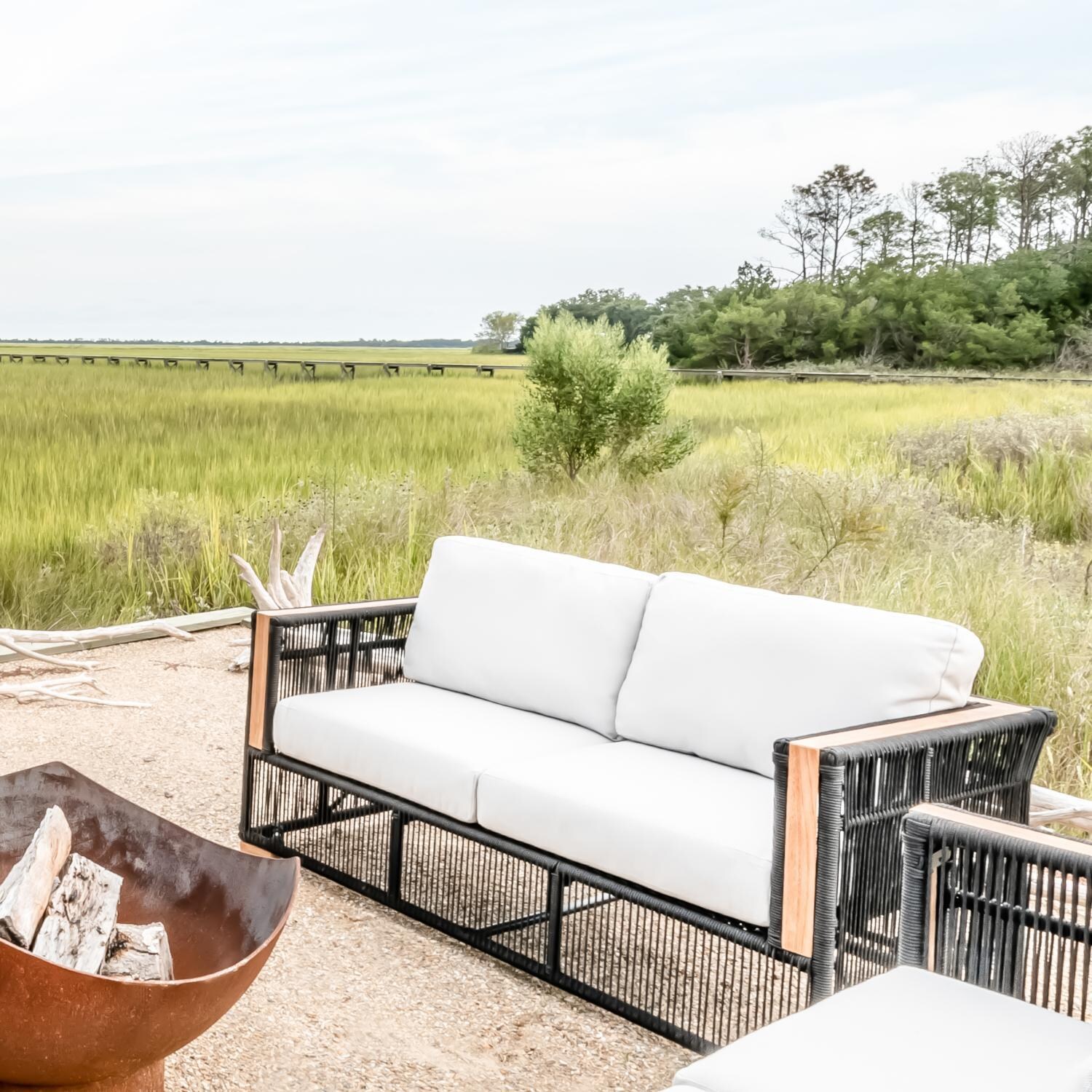 Teak + Table Breeze Olefin Rope & Teak Patio Loveseat in Charcoal/Natural - Lifestyle thumbnail
