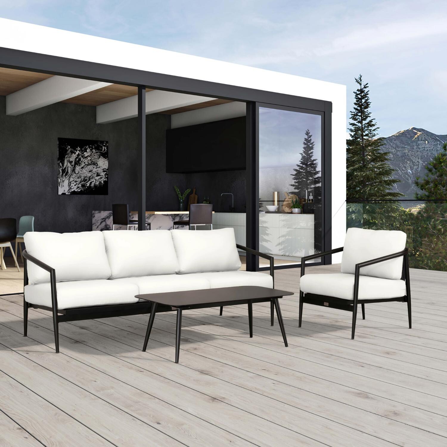 Lakeview Midnight Cove 3 Pc Aluminum Sofa Seating Set in Black/Carbon/Canvas Natural - Detail - Lifestyle thumbnail