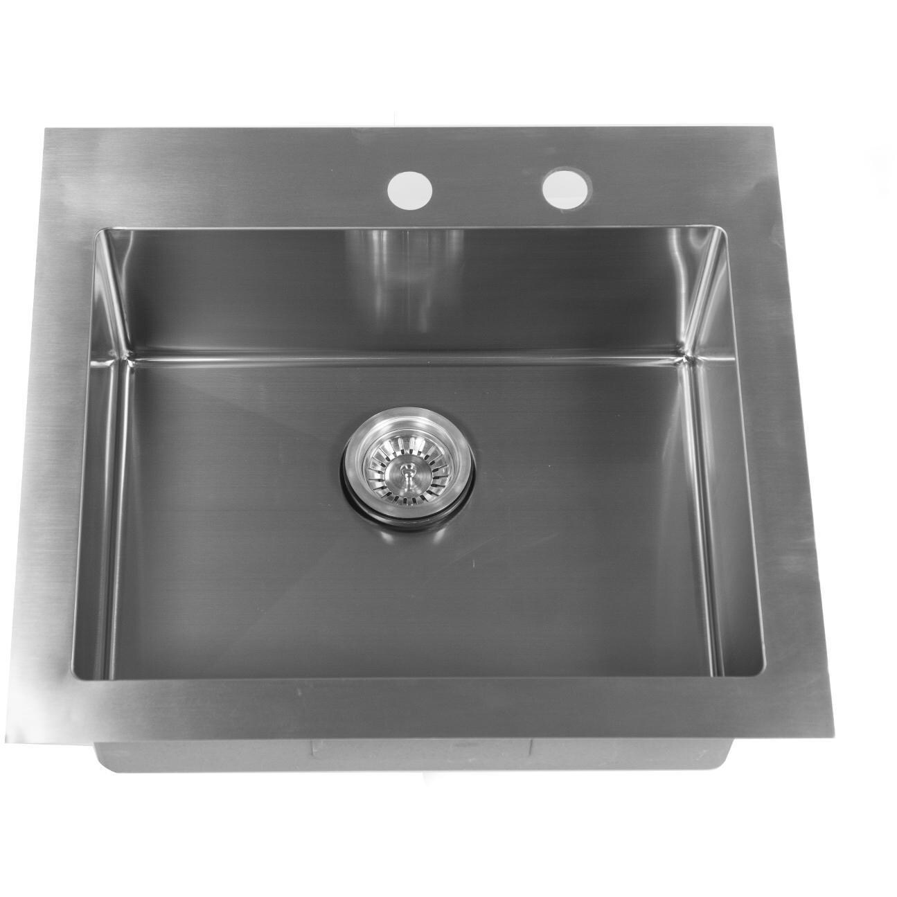 BBQGuys Signature - BBQ-RD2522-9 + BBQ-N88502B5-BN - 25 X 22 Drop-In Sink W/ Pull-Down Faucet Soap Dispenser & Strainer - Sink & Strainer Top View thumbnail