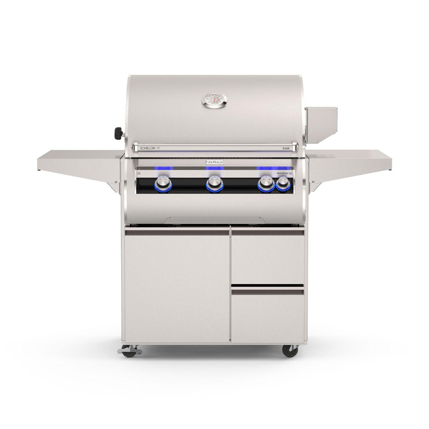 Fire Magic 30 Inch Echelon Diamond E660i Freestanding Propane Grill w/ Rotisserie, Left Side Infrared Burner & Analog Thermometer - Display - White Background thumbnail