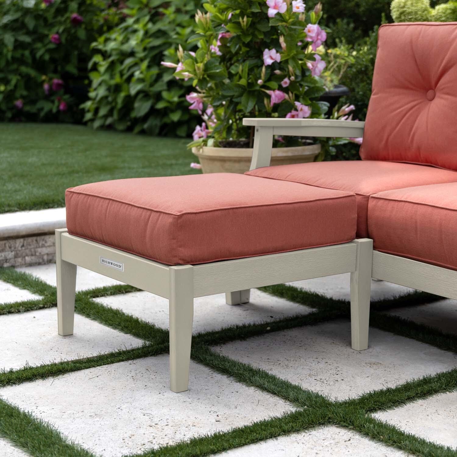Blushing Bay Recycled Plastic Ottoman in Canvas Persimmon/Whitewash by Lakeview Outdoor Designs - Shown w/ Chair (Not Included) - Lifestyle thumbnail