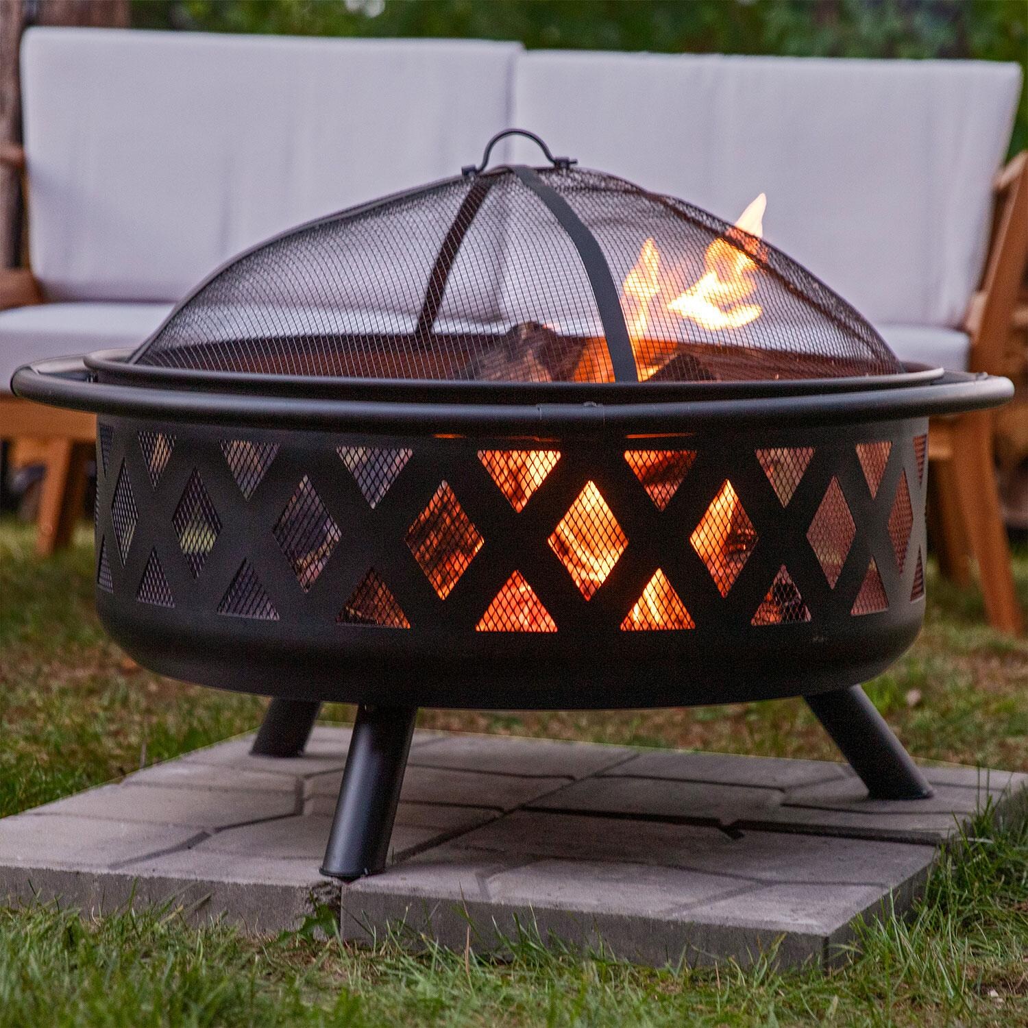 Ultimate Patio Crossweave 36 Inch Round Steel Wood-Burning Fire Pit in Black - Weather-Resistant Cover - Detail thumbnail